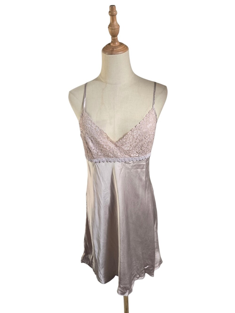 August Silk Lace Trim Satin Slip Dress Lingerie Blush Beige
